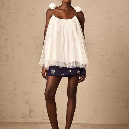 Giulia White Mesh Flower Sequin Lace Layered A-line Top