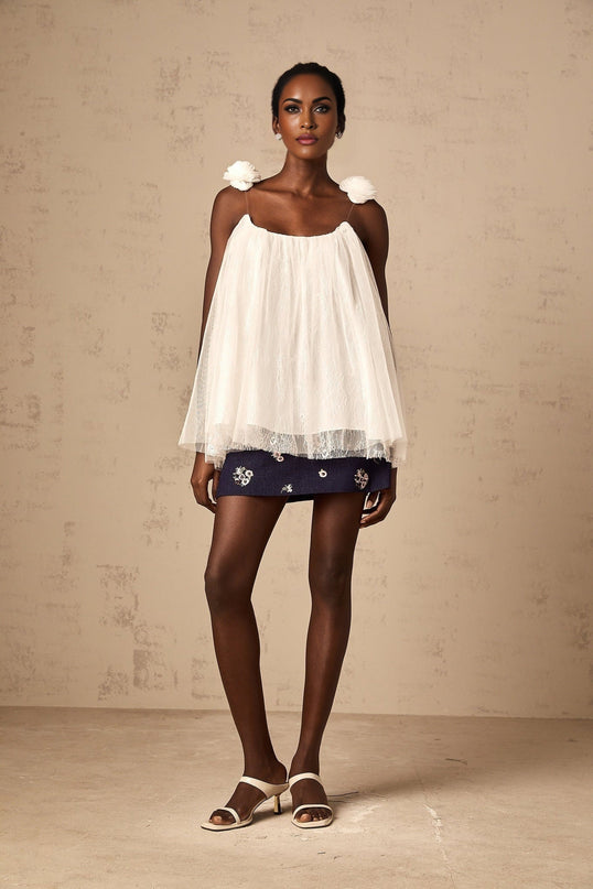 Giulia White Mesh Flower Sequin Lace Layered A-line Top
