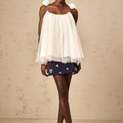 Giulia White Mesh Flower Sequin Lace Layered Top