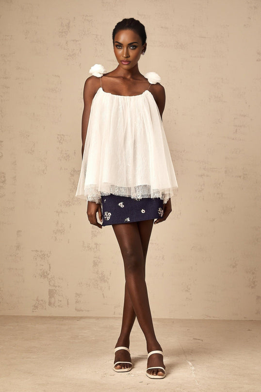 Giulia White Mesh Flower Sequin Lace Layered Top
