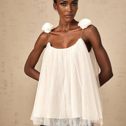 Giulia White Mesh Flower Sequin Lace Layered Top