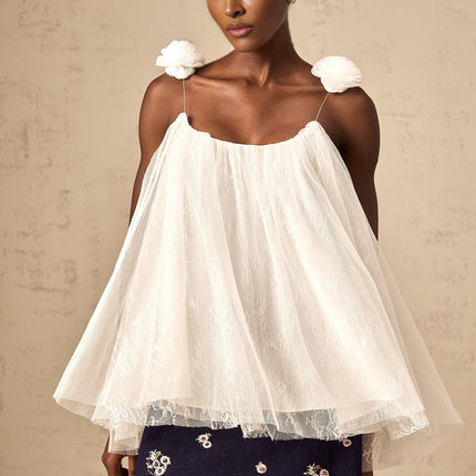 Giulia White Mesh Flower Sequin Lace Layered Top