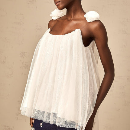 Giulia White Mesh Flower Sequin Lace Layered Top