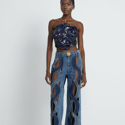 Giuliana Blue High Waisted Cut Out Jeans with Panel Detailing