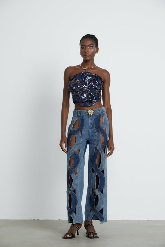 Giuliana Blue High Waisted Cut Out Jeans with Panel Detailing