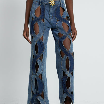 Giuliana Blue High Waisted Cut Out Jeans with Belt Loops and Panel Detailing