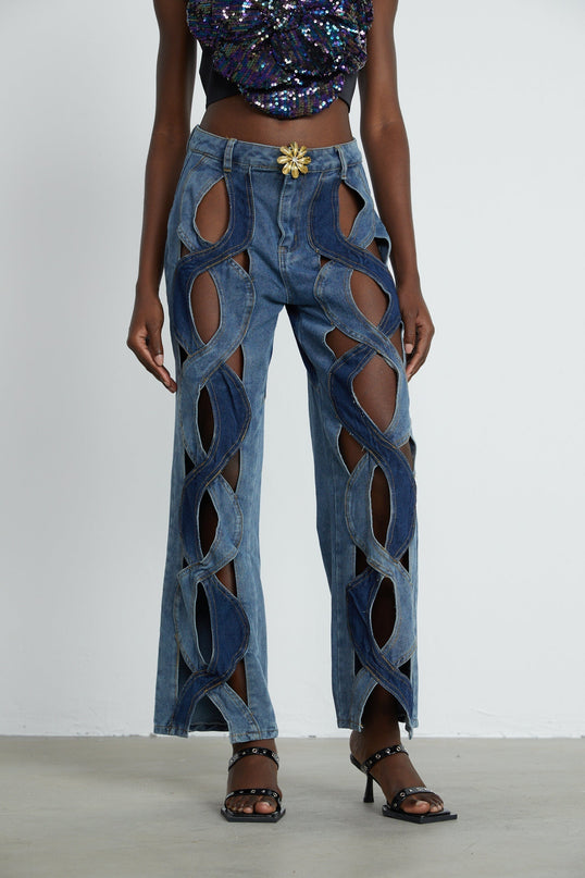 Giuliana Blue High Waisted Cut Out Jeans with Belt Loops and Panel Detailing