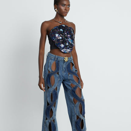 Giuliana Blue High-Waisted Cut-Out Jeans with Belt Loops and Panel Detailing