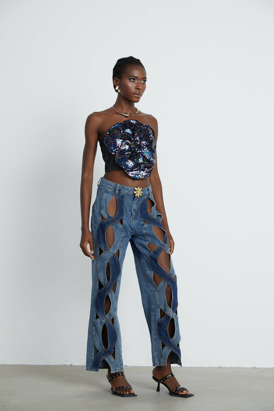 Giuliana Blue High-Waisted Cut-Out Jeans with Belt Loops and Panel Detailing