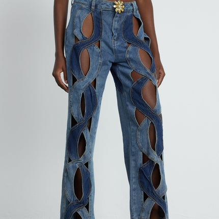 Giuliana Blue High-Waisted Cut-Out Jeans with Belt Loops and Button Zip Fastening