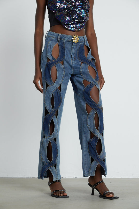 Giuliana Blue High-Waisted Cut-Out Jeans with Belt Loops and Button Zip Fastening
