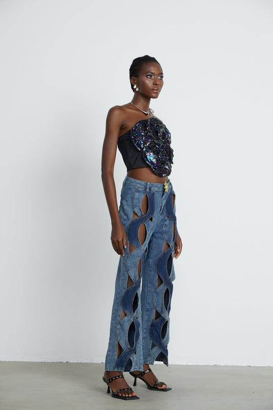 Giuliana Blue High-Waisted Cut-Out Jeans with Belt Loops and Button Zip Fastening