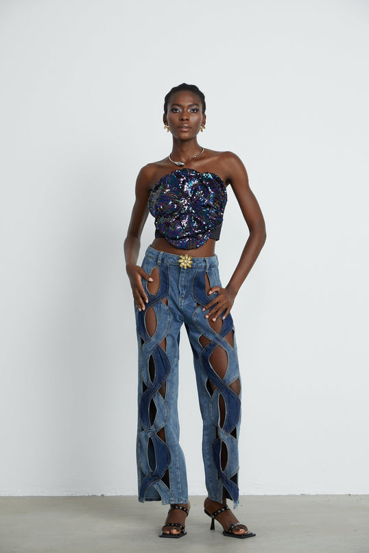 Giuliana Blue High Waisted Cut Out Panel Detail Jeans