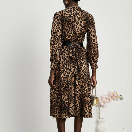Giuliana Brown Leopard Print Midi Dress with V-Neckline and Belt Detail
