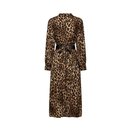 Giuliana Brown Leopard Print Midi Dress with V-Neckline and Belt Detail