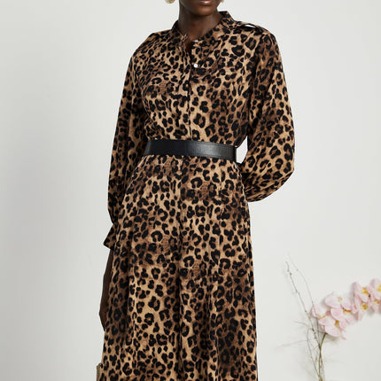 Giuliana Brown Leopard Print Midi Dress
