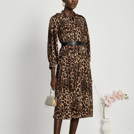 Giuliana Brown Leopard Print Midi Dress