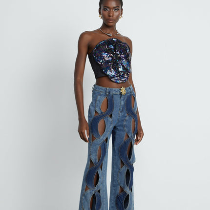 Giuliana High-Waisted Blue Cut-Out Jeans with Belt Loops and Premium Composition
