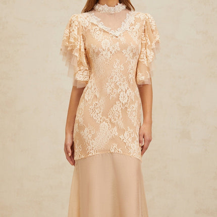 Giuliana Midi Dress in Neutrals with Bead Embellishments and Floral Lace Detailing