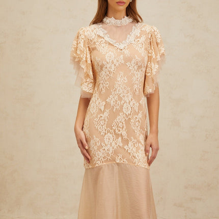 Giuliana Midi Dress in Neutrals with Bead Embellishments and Floral Lace Detailing
