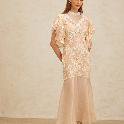 Giuliana Midi Dress in Neutrals with Bead Embellishments and Floral Lace Detailing