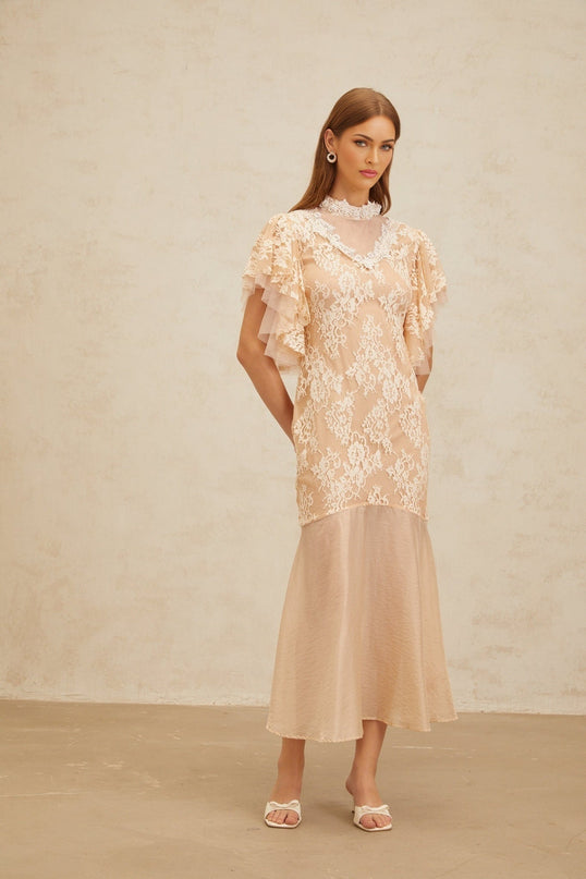 Giuliana Midi Dress in Neutrals with Bead Embellishments and Floral Lace Detailing