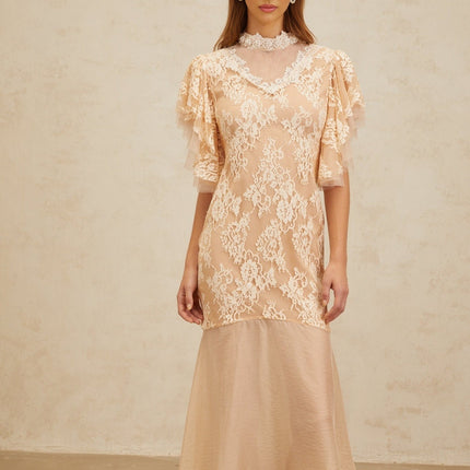 Giuliana Midi Dress in Neutrals with Bead Embellishments and Floral Lace Detailing