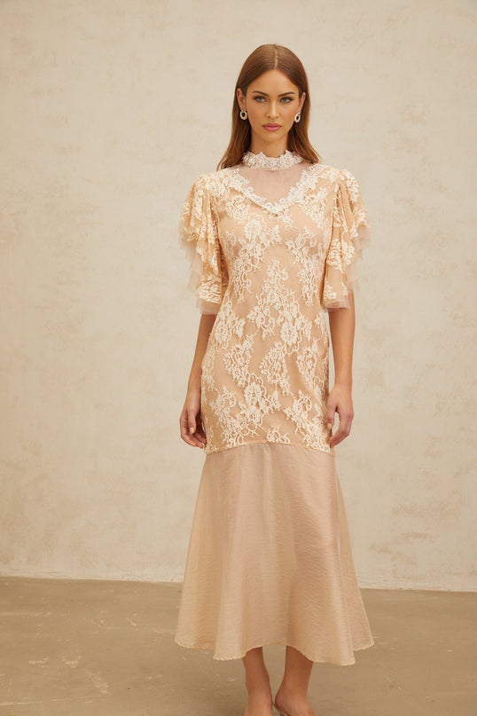 Giuliana Midi Dress in Neutrals with Bead Embellishments and Floral Lace Detailing