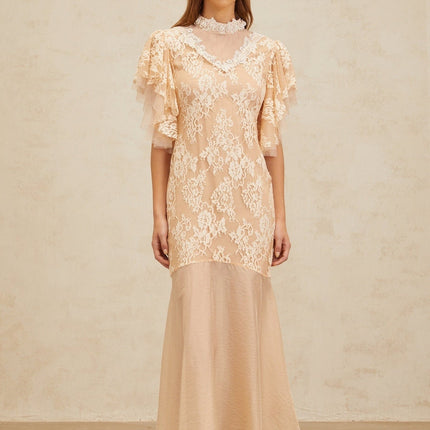 Giuliana Midi Dress in Neutrals with Bead Embellishments and Floral Lace Detailing