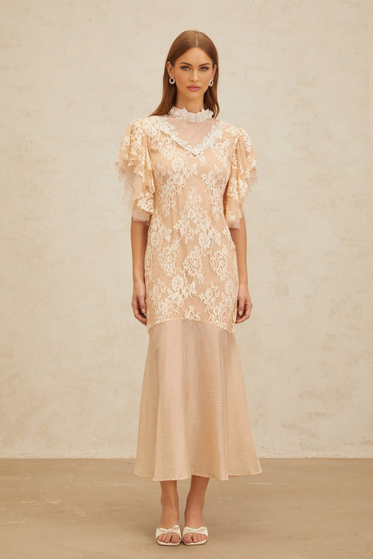 Giuliana Midi Dress in Neutrals with Bead Embellishments and Floral Lace Detailing