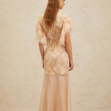 Giuliana Midi Dress in Neutrals with Bead Embellishments and Floral Lace Detailing
