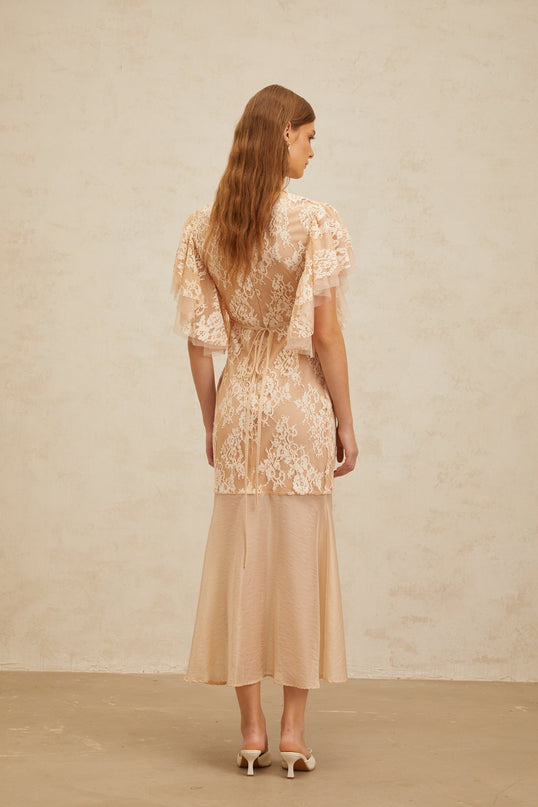 Giuliana Midi Dress in Neutrals with Bead Embellishments and Floral Lace Detailing