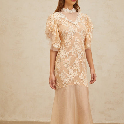 Giuliana Midi Dress in Neutrals with Bead Embellishments and Floral Lace Detailing