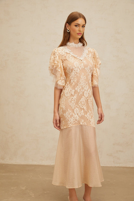 Giuliana Midi Dress in Neutrals with Bead Embellishments and Floral Lace Detailing