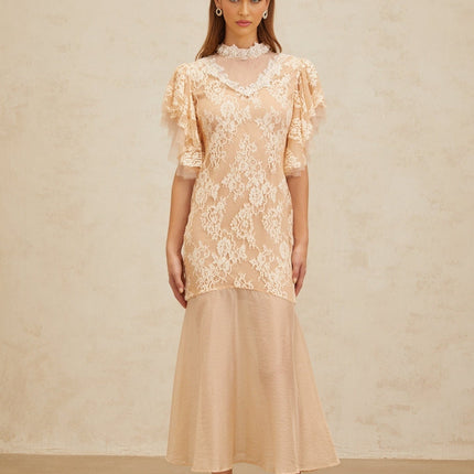 Giuliana Midi Dress in Neutrals with Bead Embellishments and Floral Lace Detailing