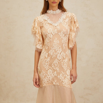 Giuliana Midi Dress in Neutrals with Bead Embellishments and Floral Lace Detailing