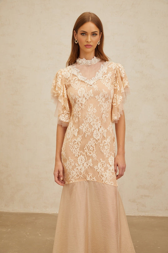 Giuliana Midi Dress in Neutrals with Bead Embellishments and Floral Lace Detailing