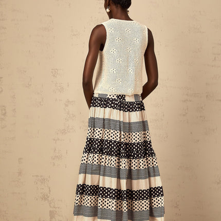 Giulietta Black Color Blocked Polka Dot and Stripe A-Line Maxi Skirt