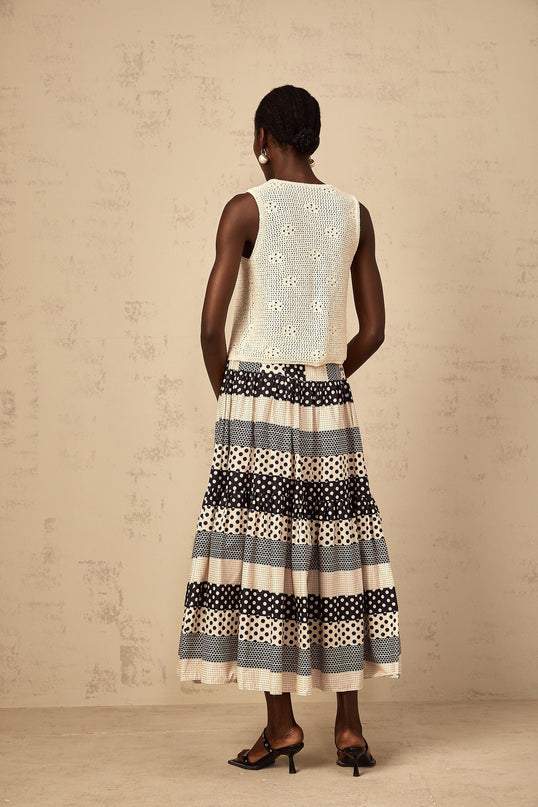 Giulietta Black Color Blocked Polka Dot and Stripe A-Line Maxi Skirt
