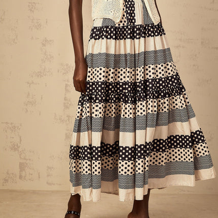 Giulietta Black Color-Blocked Polka Dot and Stripe A-Line Maxi Skirt