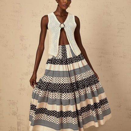 Giulietta Black Color-Blocked Polka Dot and Stripe A-Line Maxi Skirt with Shirred Effect and Tiered Detailing