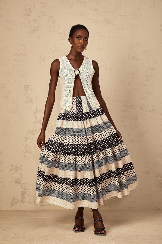 Giulietta Black Color-Blocked Polka Dot and Stripe A-Line Maxi Skirt with Shirred Effect and Tiered Detailing