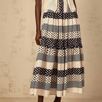 Giulietta Black Color-Blocked Polka Dot and Stripe A-Line Maxi Skirt