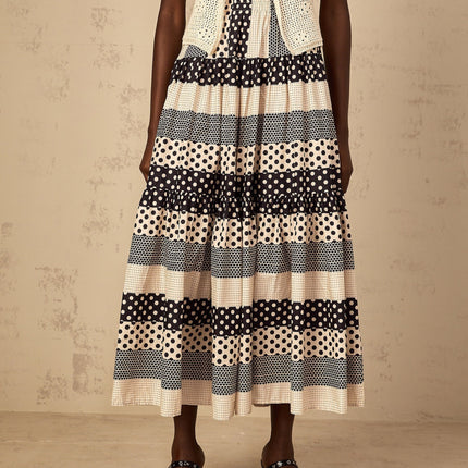Giulietta Black Color-Blocked Polka Dot and Striped A-Line Maxi Skirt with Shirred Detailing and Tiered Design
