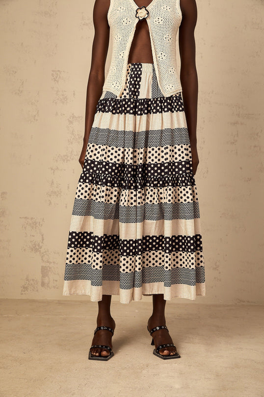 Giulietta Black Color-Blocked Polka Dot and Striped A-Line Maxi Skirt with Shirred Detailing and Tiered Design