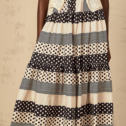 Giulietta Black Color Blocked Polka Dot Striped Tiered Maxi Skirt