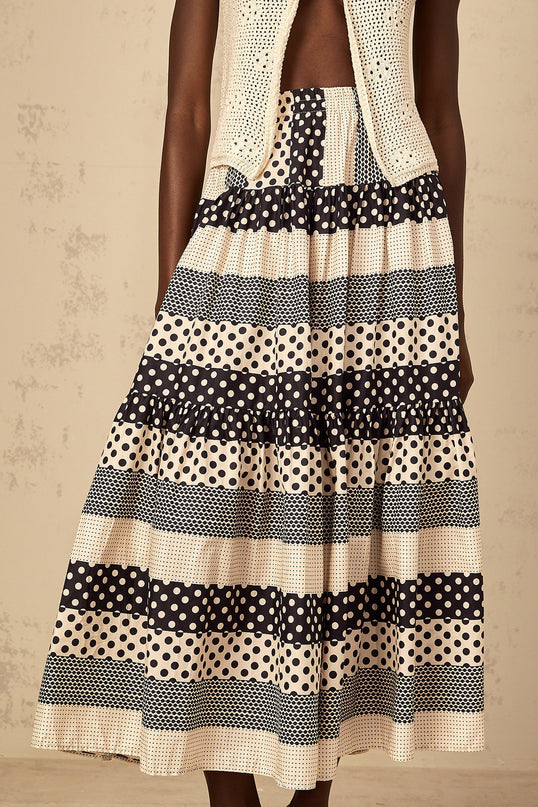 Giulietta Black Color Blocked Polka Dot Striped Tiered Maxi Skirt