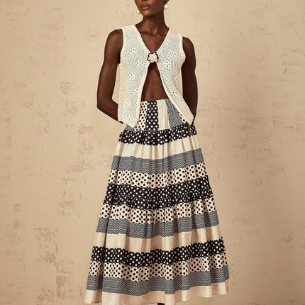 Giulietta Black Color-Blocked Polka Dot and Stripe A-Line Maxi Skirt with Shirred Effect and Tiered Detailing in Terylene and Acrylic Blend