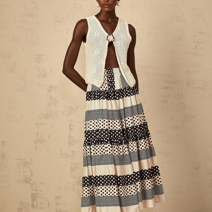 Giulietta Black Color-Blocked Polka Dot and Stripe A-Line Maxi Skirt