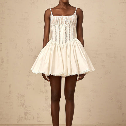 Giuseppina White Corset Flare Mini Dress with Lace Detailing